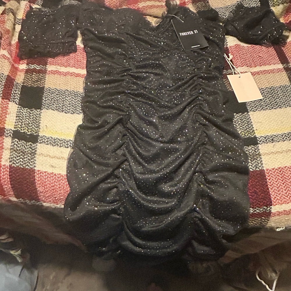 Forever 21 Black Ruched Off Shoulder Mini Dress NWT
